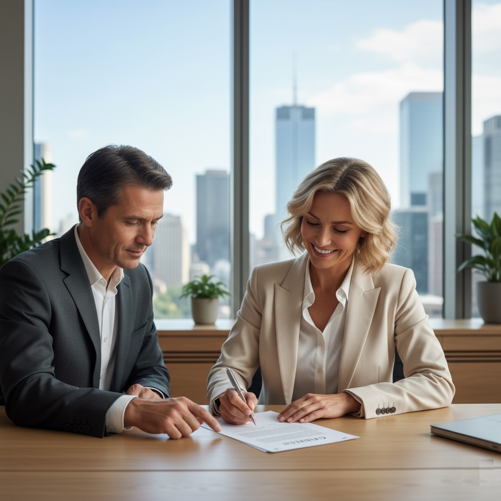 Personnes souriantes en train de signer un contrat de prêt